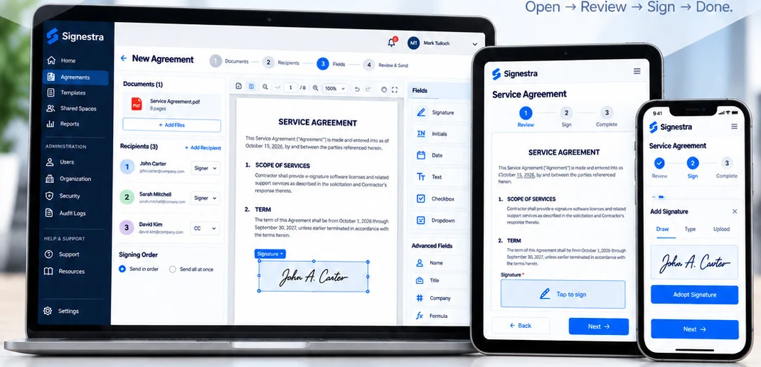 The same service agreement shown on desktop, tablet, and phone in the Signestra product brief.